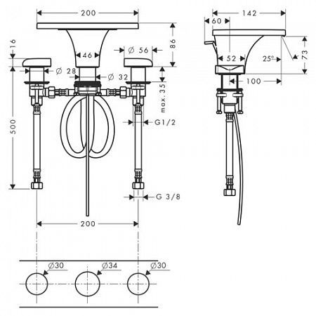 Смеситель для раковины на 3 отверстия AXOR Massaud 18013000 Хром