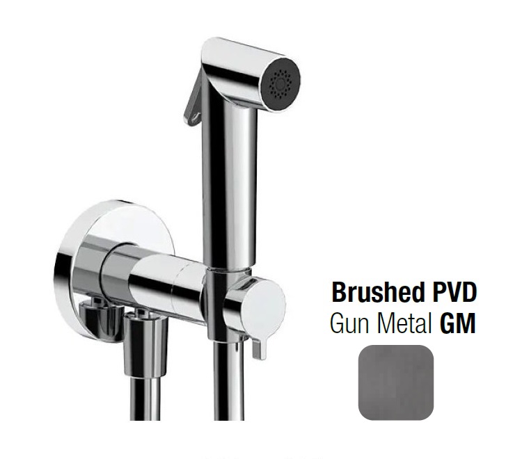 Гигиенический душ  ALMAR  SHUT OFF   E136013.GM   внешняя часть:  смеситель  с прогрессивным картриджем, шланг 120 см,  лейка Athena,  латунь, PVD Gun Metal