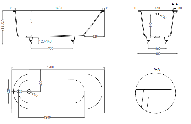 Встраиваемая овальная ванна SALINI ORNELLA 102314M 800х1700х600 мм, регулируемые ножки, из S-Sense, цвет Белый матовый