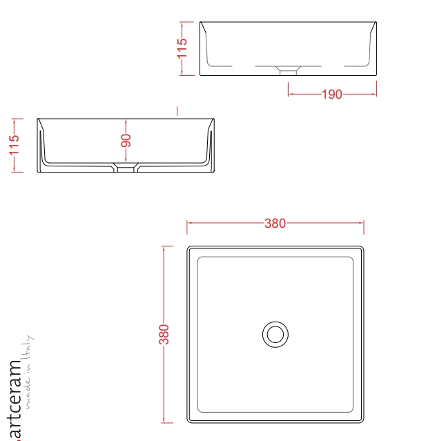 Раковина квадратная накладная ARTCERAM SCALINO SCL001 01 00 380 мм х 380 мм, без отверстия под смеситель, без перелива, белый глянцевый