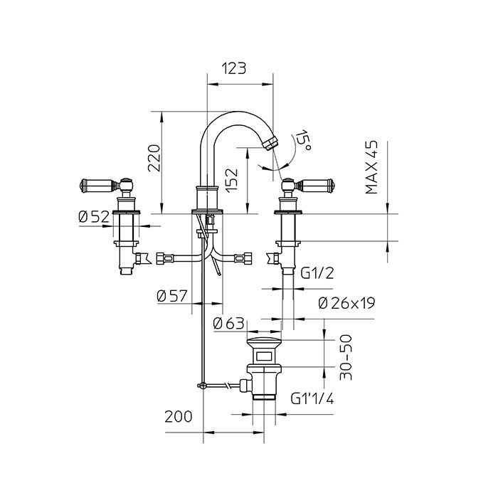 Смеситель для раковины BOSSINI (LIBERTY)   Z001302.022_УЦ    на 3 отверстия, 2 рукоятки, поворотный излив. цвет: antique brass, bronze /Товар с выставки, состояние хорошее. Нет донного клапана и гибкой подводки