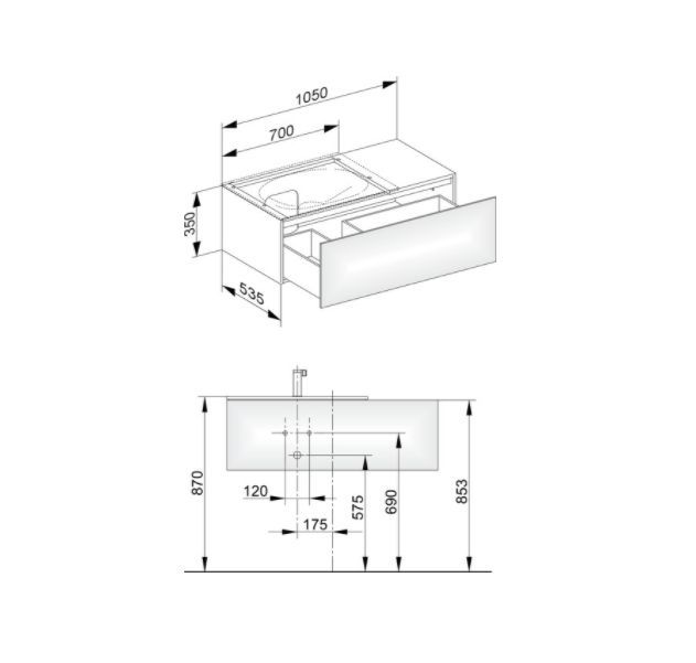 Тумба подвесная под раковину слева KEUCO EDITION 31153 390000 1050 мм х 350 мм, с одним выдвижным фронтом, корпус/фасад структурный лак, антрацит