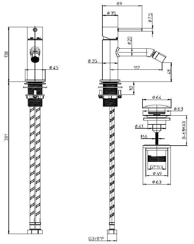 Однорычажный смеситель для биде BOSSINI TEO Z00702.073 c донным клапаном, цвет Чёрный матовый