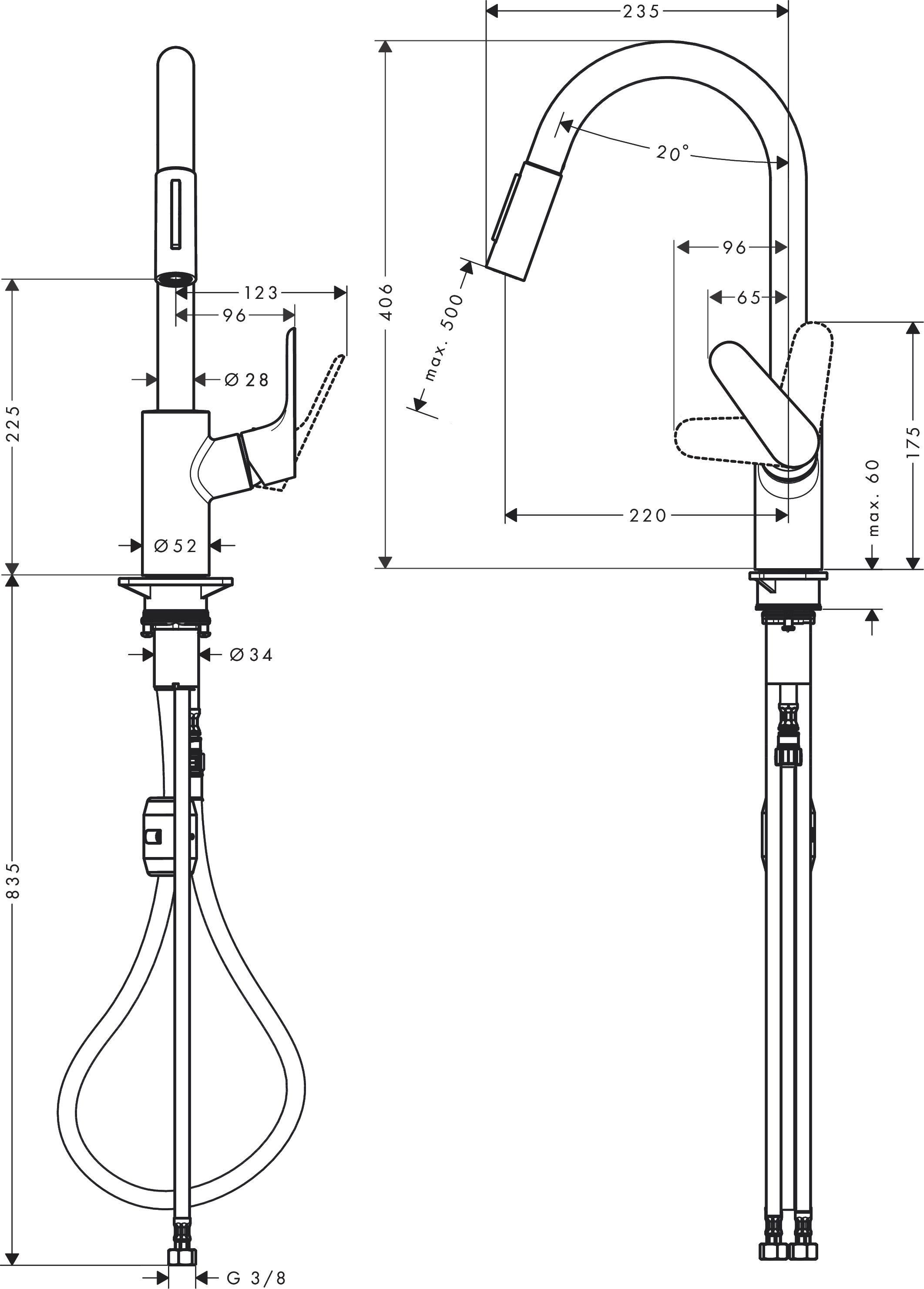 Однорычажный кухонный смеситель с вытяжным душем 2jet HANSGROHE Focus M41 31833000 240 мм, с EcoSmart, цвет Хром