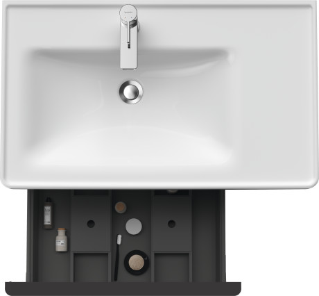 Тумба подвесная под раковину DURAVIT D-Neo DE425801616 784 мм х 452 мм, с выдвижным ящиком и открытой боковой полкой, чёрный дуб