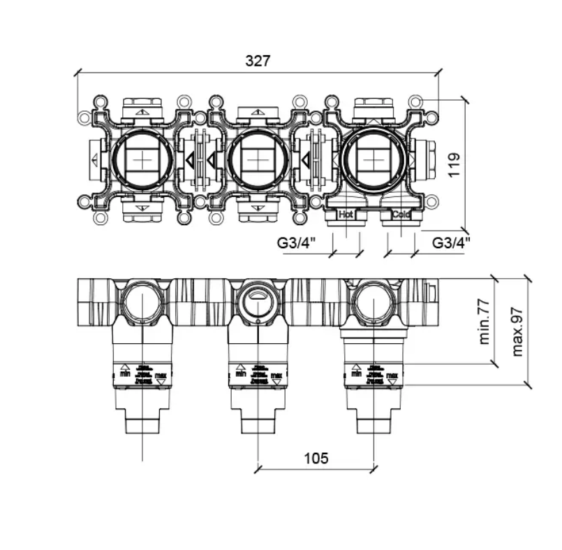 Встраиваемая внутренняя часть термостата ALMAR MODULAR PUSH E176908 на 2 потребителя, c 2 запорными вентилями, цвет Чёрный