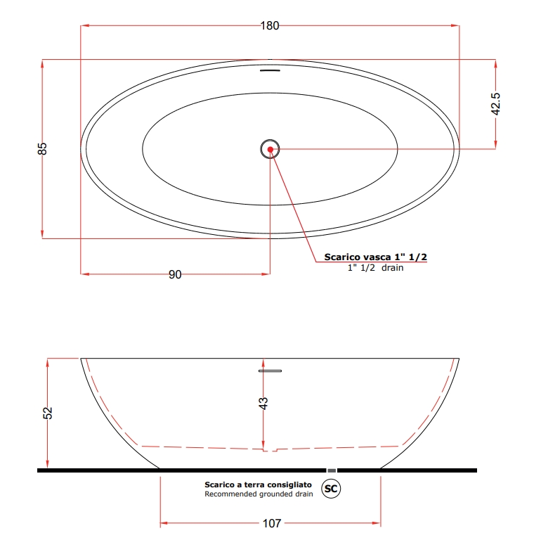Ванна отдельностоящая TREESSE Carezza V308BO 850 мм х 1800 мм, из композита Solid Surface, белый матовый