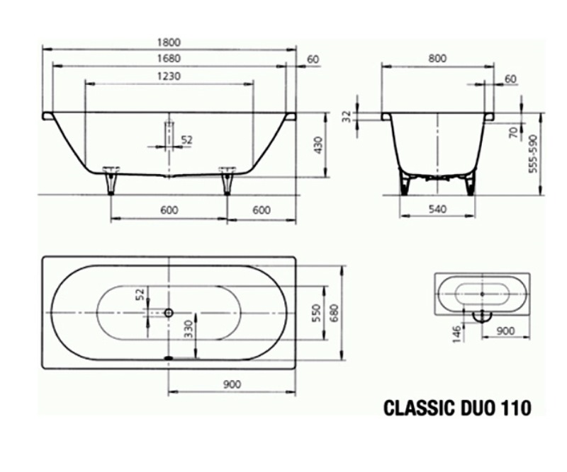 Ванна из сталь-эмали Kaldewei Classic Duo Mod 110 2910.0001.3001 1800 х 800 мм с покрытием Perl-Effekt