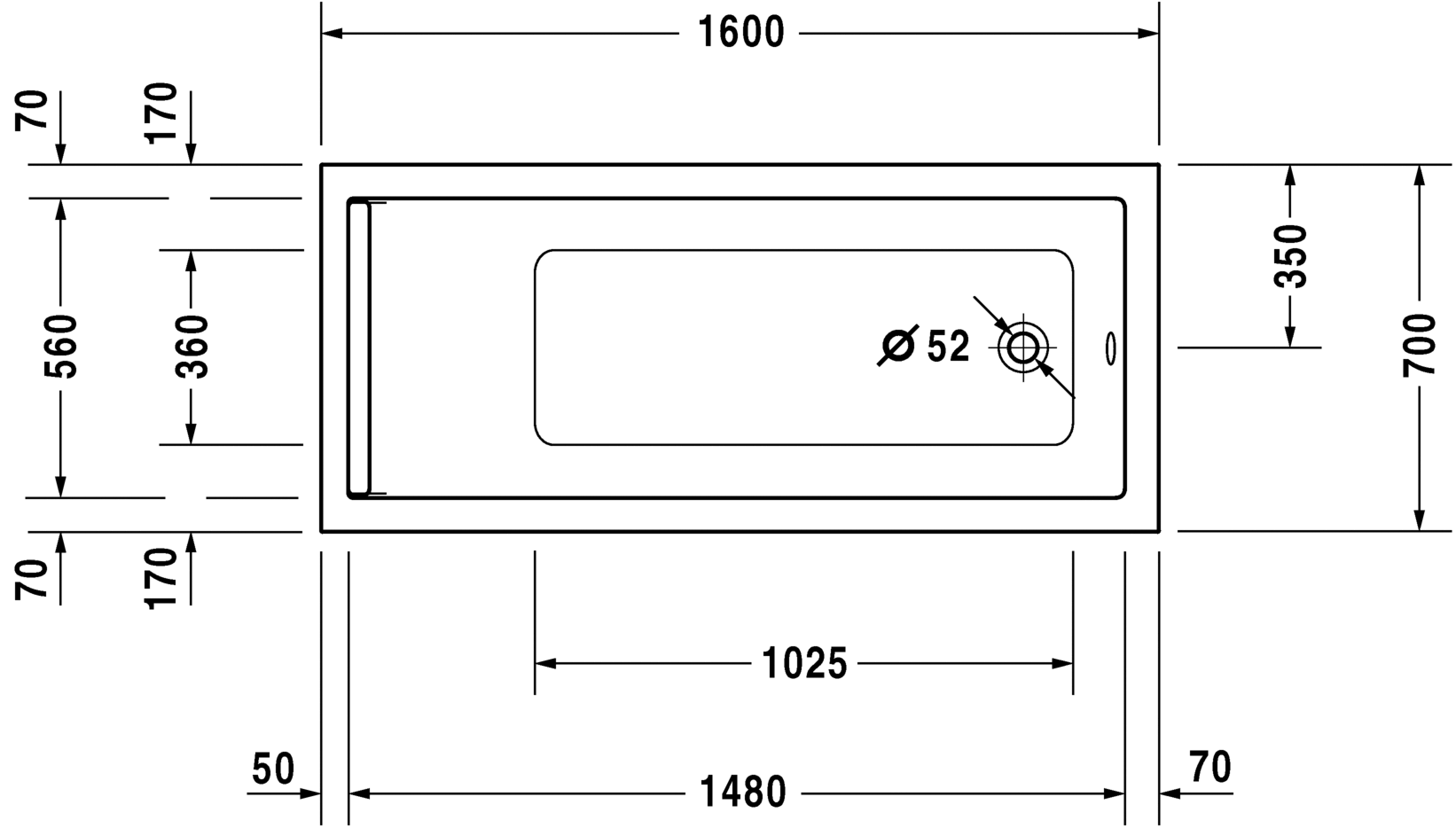 Акриловая ванна Duravit Starck 700333000000000 1600 х 700 c одним наклоном для спины, встраиваемая версия или версия с панелями, белая