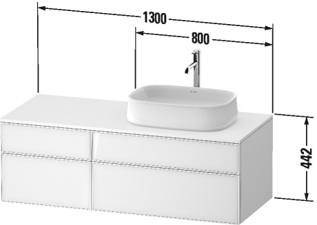 Тумба подвесная с вырезом под раковину справа DURAVIT ZENCHA ZE4827064800000 550 мм х 1300 мм х 442 мм, с 4 выдвижными ящиками, белое стекло/графит суперматовый