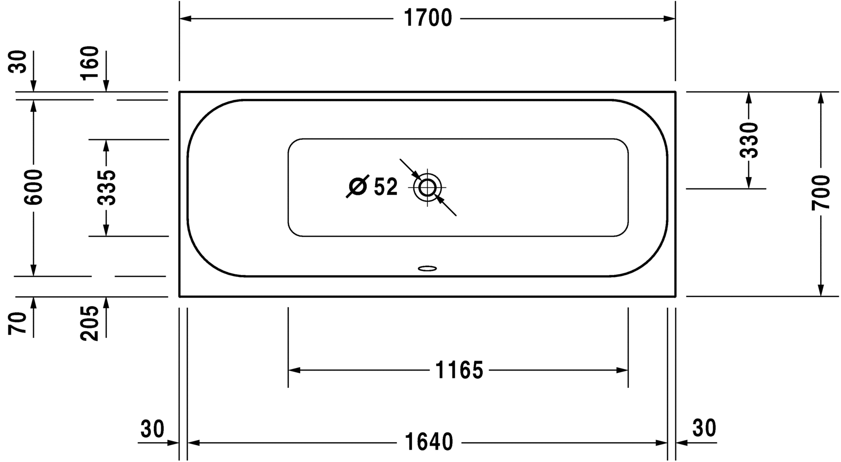 Акриловая ванна Duravit Happy D2 700310000000000 1700 х 700 c наклоном для спины слева, встраиваемая, белая