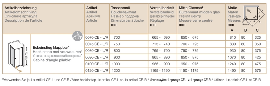 РАСПРОДАЖА Складная дверь для душевой кабины левая PROVEX Combi free 0007 CE 05 GL L 1200 мм х 1975 мм, блестящий алюминий/прозрачное стекло