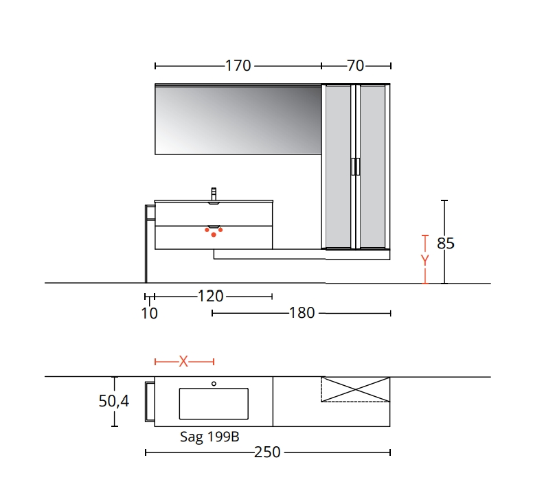 Комплект мебели для ванной комнаты BMT BLUES 4.0  BL4-15  2500х2045х504 мм тумба, раковина, шкаф и зеркало, цвет Fondente Opaco/Metallic Titanium/Edon Tabacco