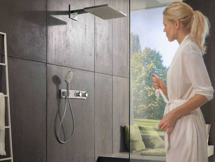 Термостат для душа HANSGROHE RainSelect 15355600 с двумя кнопками и выпуском для шланга, Чёрный/Хром