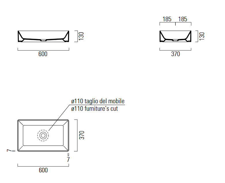 Раковина накладная прямоугольная GSI KUBE X 9453PVC11 600 мм х 370 мм, без отверстия под смеситель, без перелива, с донным клапаном, цвет Белый глянцевый