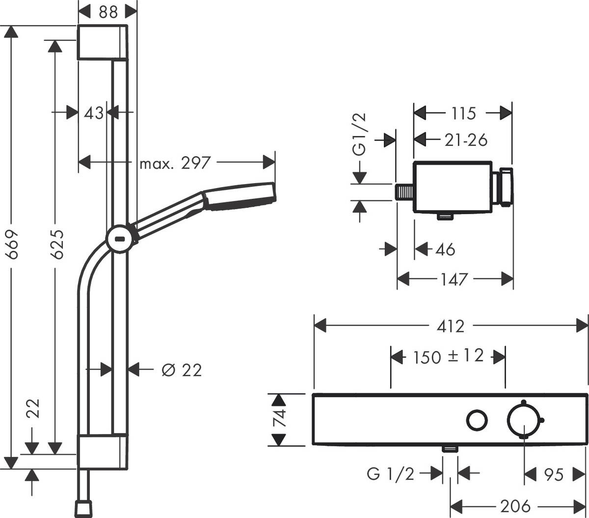 Душевая система с термостатом Hansgrohe Pulsify Select S 24260000 105 3 jet Relaxation, cо штангой 650 мм, хром