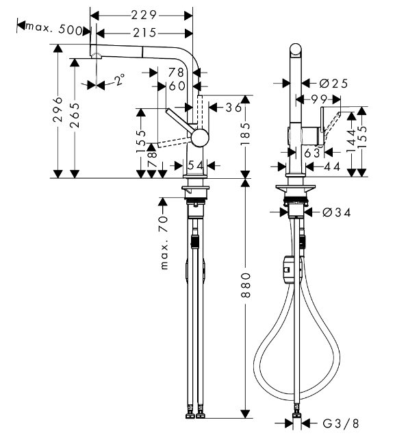 Однорычажный смеситель для кухни с вытяжным изливом HANSGROHE Talis M54 72808000 1 jet,  цвет Хром