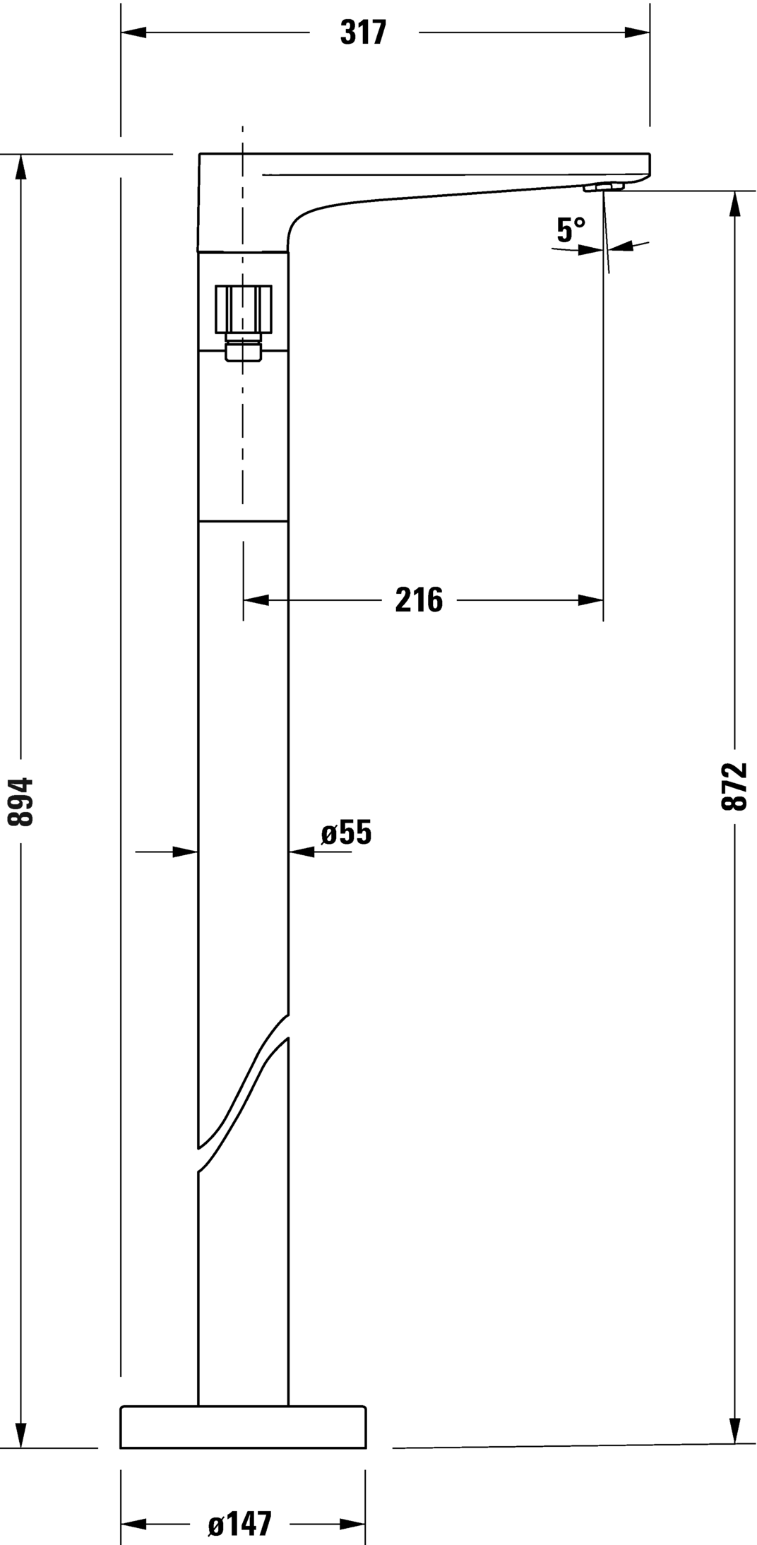 Смеситель для душа напольный DURAVIT TULUM TU5250000046 с ручным душем и шлангом, чёрный матовый