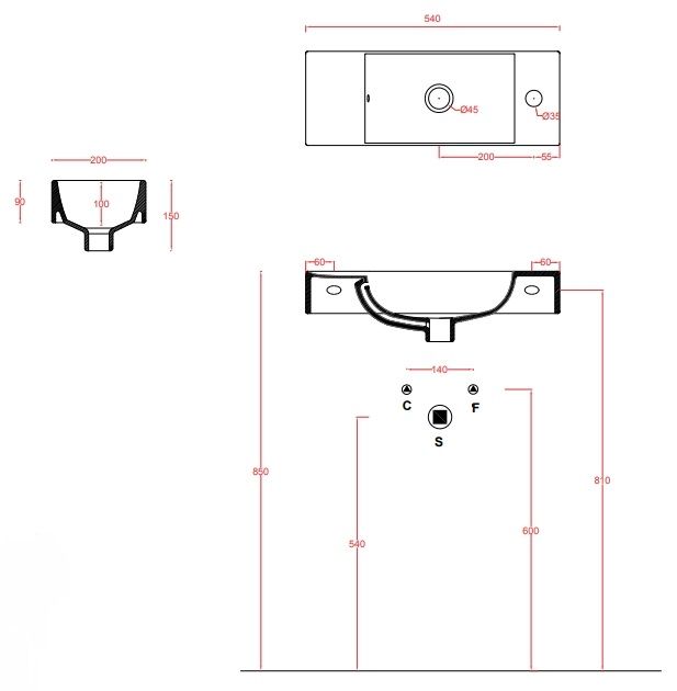 Раковина подвесная ARTCERAM BRICK LML002 01 00 540 мм х 200 мм, c отверстием под смеситель справа, c переливом, белый глянцевый