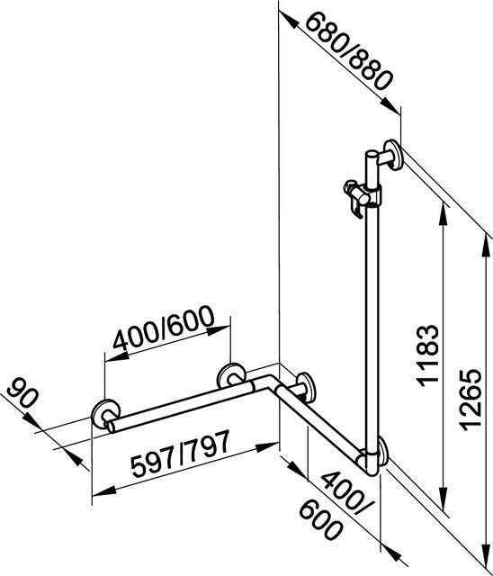 Поручень вдоль стены и штанга для душа в комплекте с держателем душевой лейки 797/680/1265 мм KEUCO PLAN CARE 34908 016411 Хром