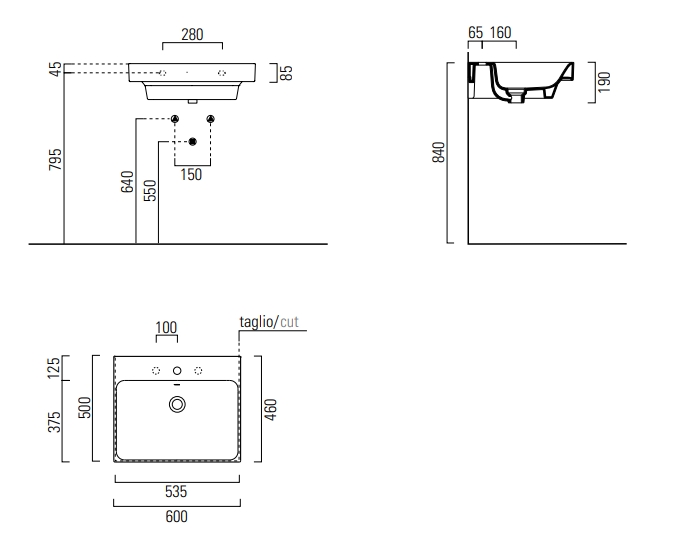 Раковина накладная/подвесная GSI NUBES 9631111 600 мм х 500 мм, с отверстием под смеситель, с переливом, белая глянцевая