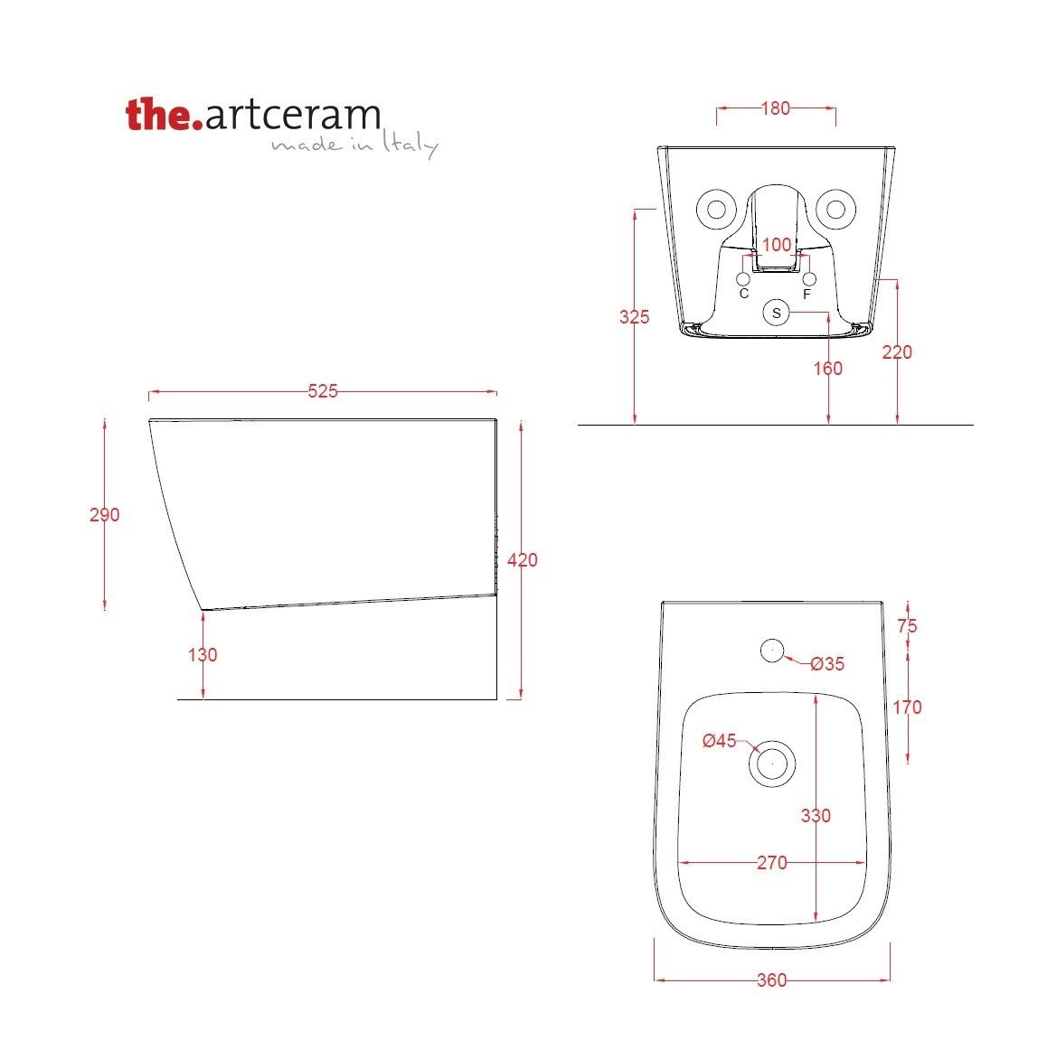 Биде подвесное ARTCERAM А16 ASB004 17 00 520 мм х 360 мм, с покрытием Saniglaze, с отверстием под смеситель, с переливом, цвет Чёрный матовый