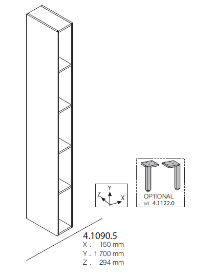 Высокий узкий открытый шкаф-пенал  Laufen  Space   4.1090.5.160.101.1 15x170x29,5 см,  светлый орех,  4 полки