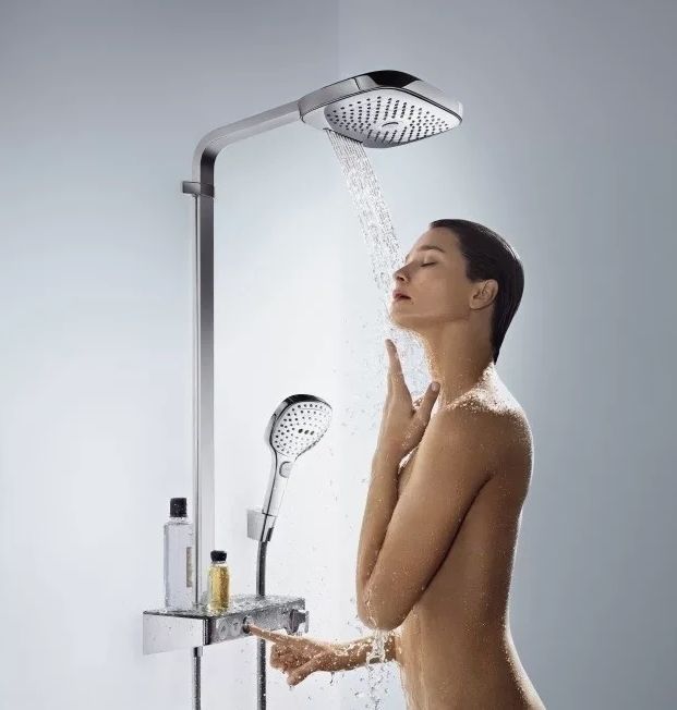 Душевая система с термостатом и ручным душем HANSGROHE Raindance Select E Showerpipe 300 2jet 27283000 с Ecosmart 9 л/мин, цвет Хром