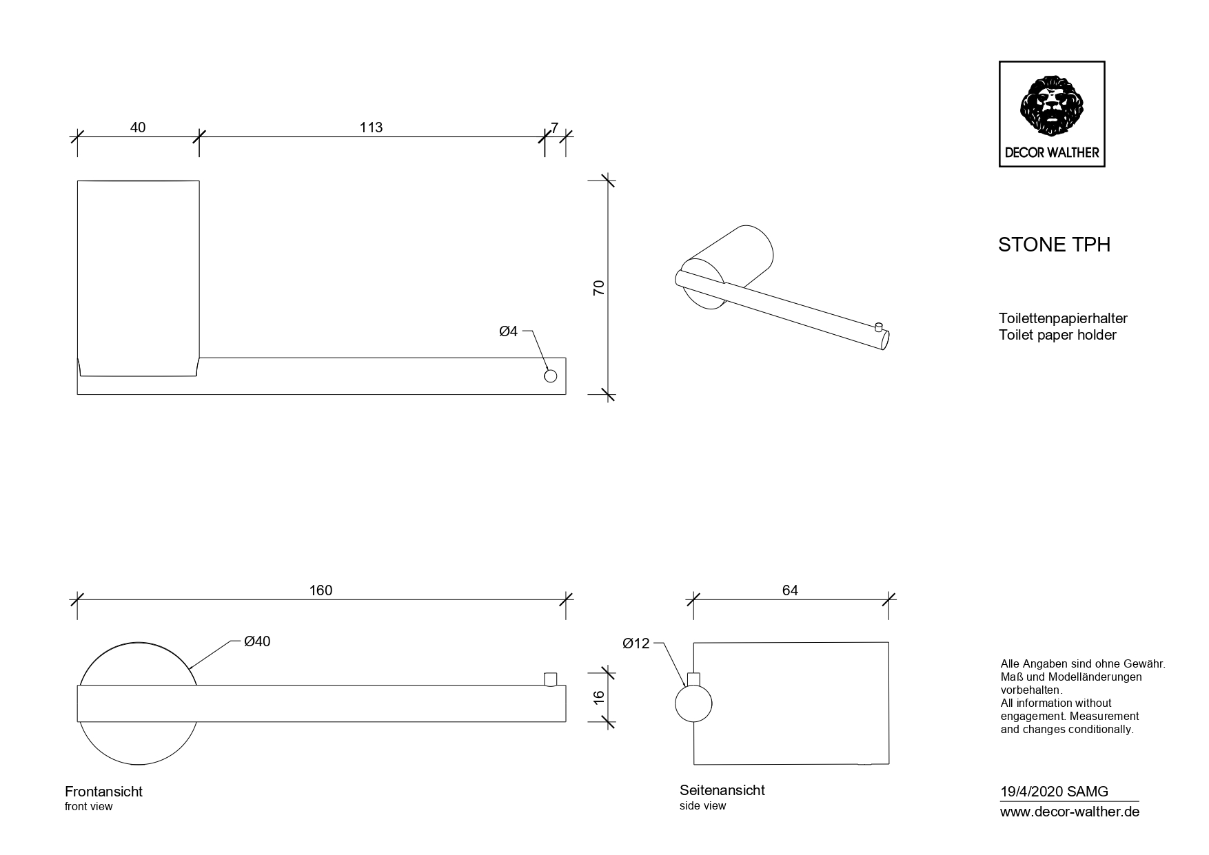 Держатель туалетной бумаги DECOR WALTHER   STONE TPH   0974854    4 X 16 X 7 см, без крышки, композит Solid Surface/латунь, белый матовый/хром