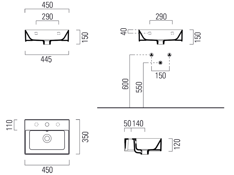 Раковина накладная/подвесная GSI KUBE X 9485111 450 мм х 350 мм, с 1 отверстием под смеситель, с переливом, без крепежа, белая глянцевая