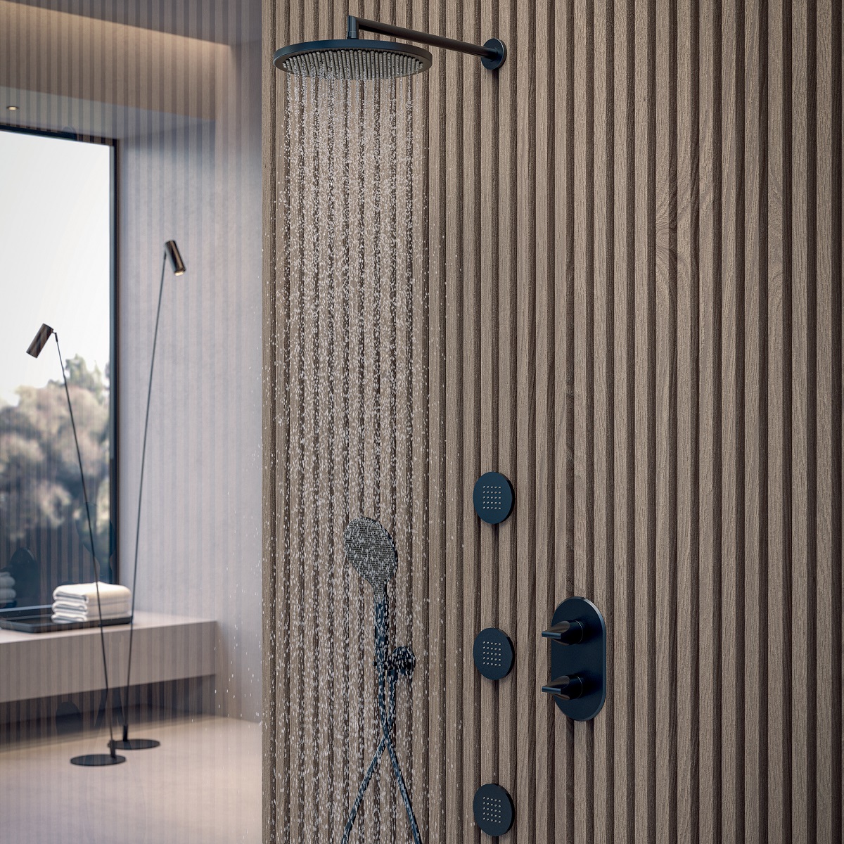 Верхний душ BOSSINI Apice H70430H.073 280 мм, с настенным кронштейном 350 мм, чёрный матовый