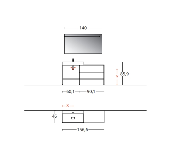 Комплект мебели для ванной комнаты BMT BLUES 4.0 BL4-16  1568х1900х460 мм консоль, тумба, раковина и зеркало, цвет Matt Powder Blue/White Deikon/Nero Opaco