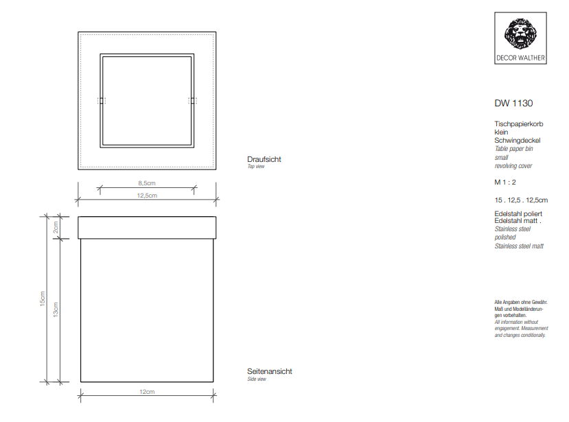 Ведерко настольное для мусора  DECOR WALTHER  Universal  0611160    15 x 12 х 12 см, с маятниковой крышкой, цвет черный матовый