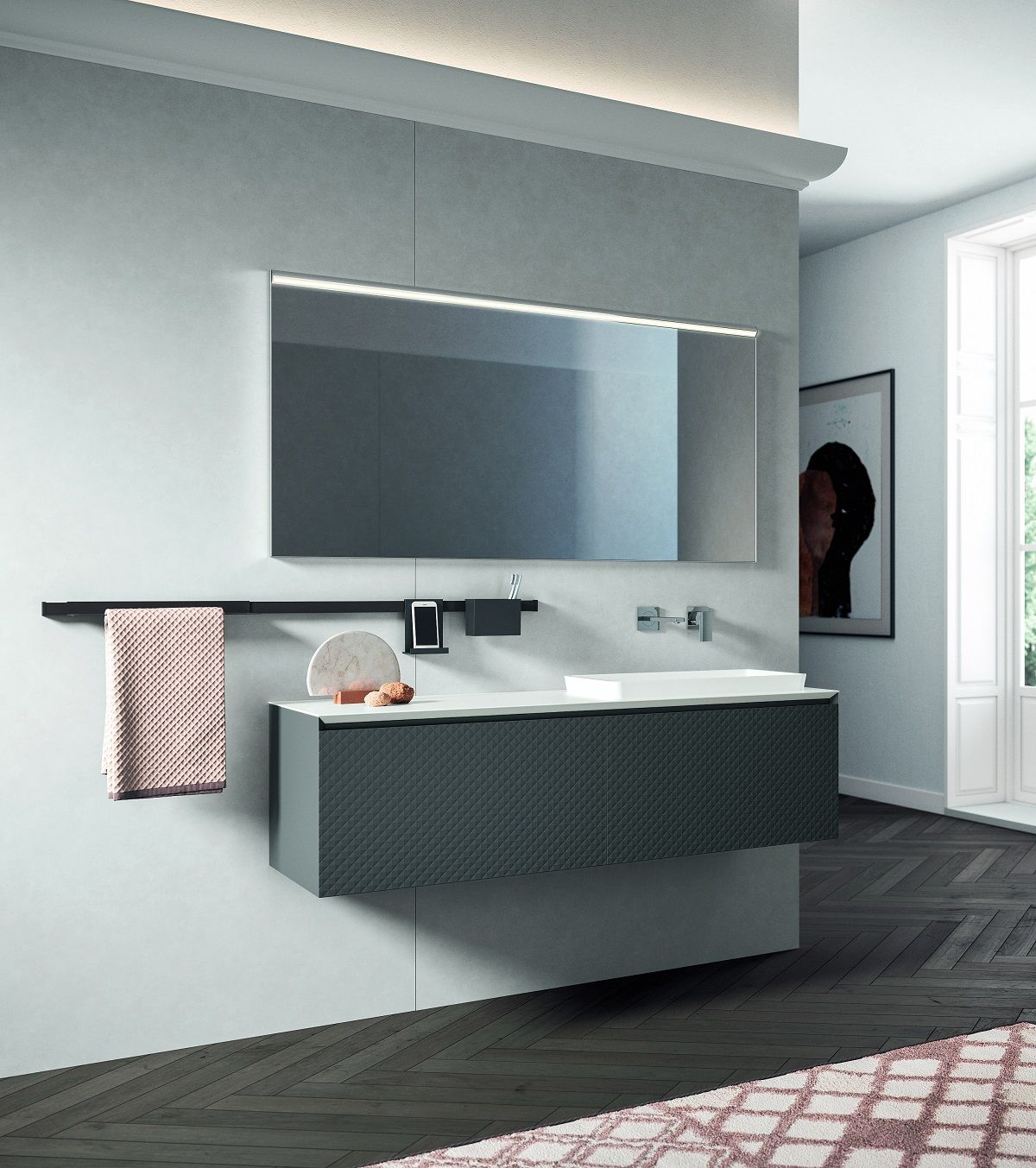 Комплект мебели BMT IKON  IK-12   1920х1950х502 мм c 2 тумбами, раковинойи и зеркалом, цвет 3D Mat Anthracite Grey/Белый матовый