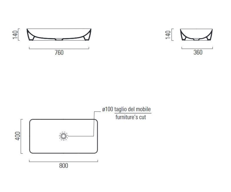 Раковина накладная GSI NUBES 904017 800х400 мм, без отверстия под смеситель, без перелива, цвет Cenere Matte