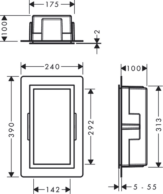 Настенный короб HANSGROHE XtraStoris Individual 56095800 с дизайнерской рамой, 300 мм х 150 мм х 100 мм, матовый чёрный/полированная сталь