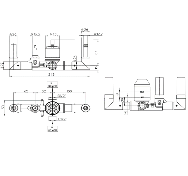 Скрытая часть смесителя для ванны из стены BOSSINI PLY Z00923000 цвет Бронза