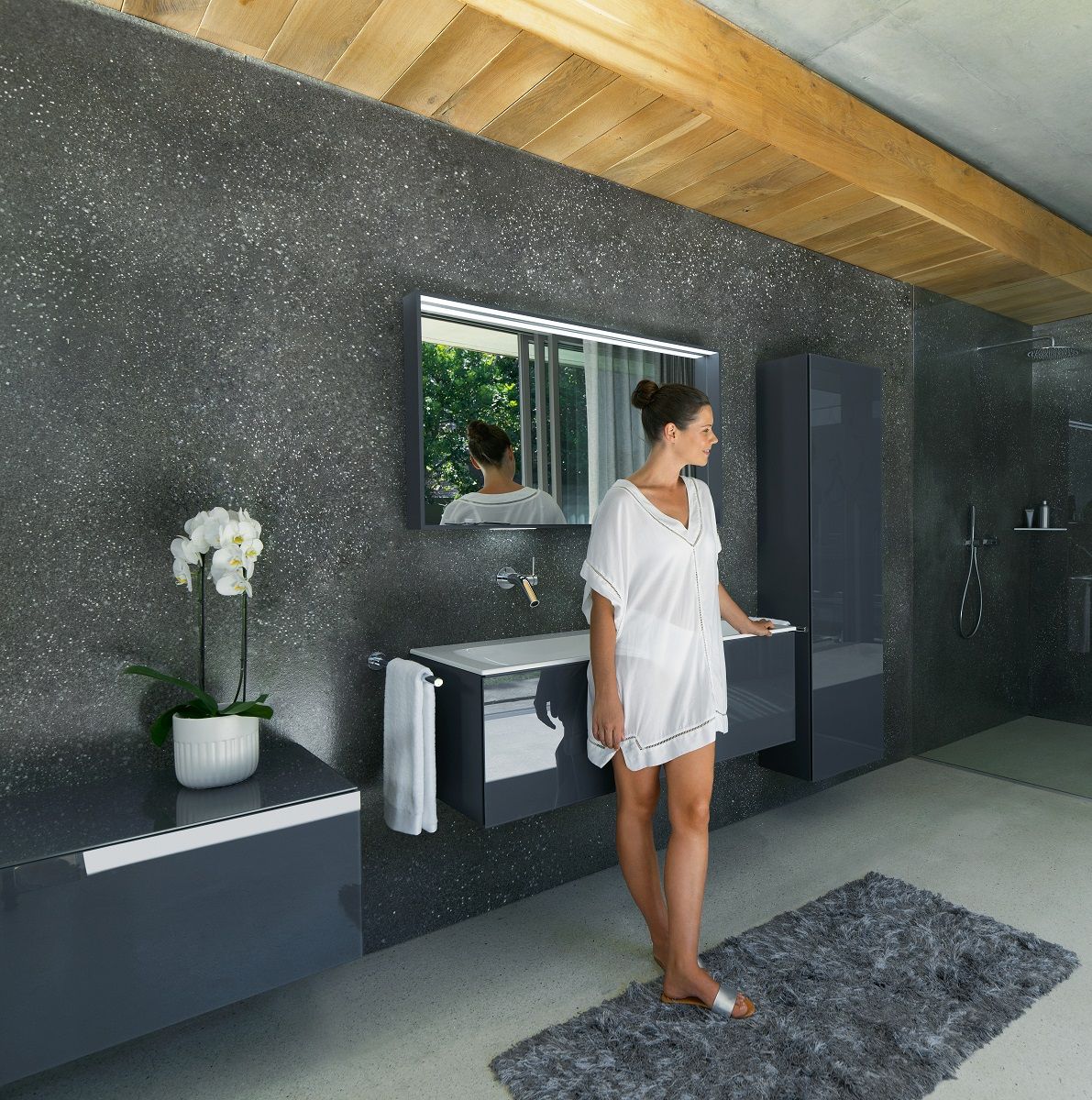 Боковая тумба Keuco Plan 32927 110000 корпус лак матовый антрацит, фасад стекло антрацит глянцевый