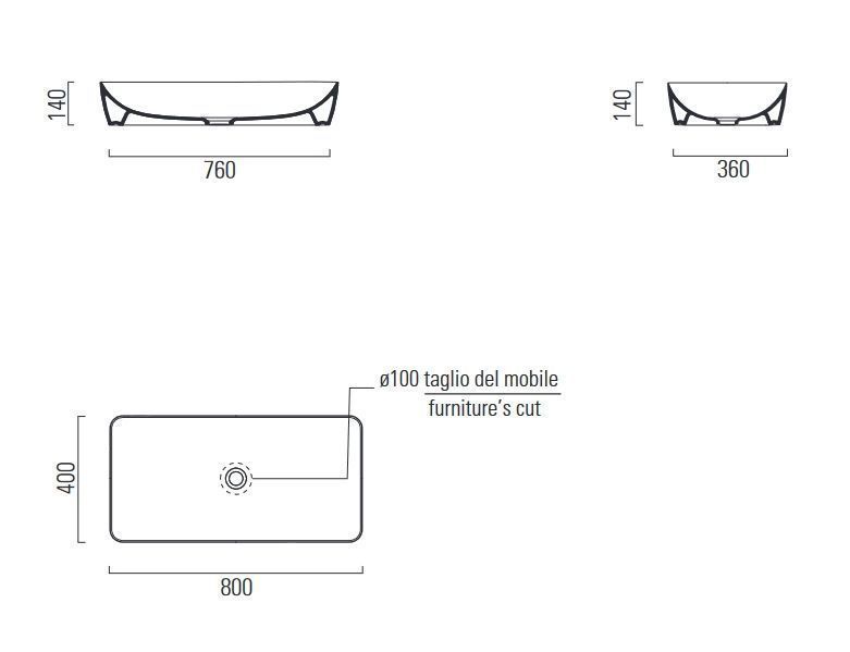 Раковина накладная GSI NUBES 904011 800 мм х 400 мм, без отверстия под смеситель, без перелива, цвет Белый глянцевый