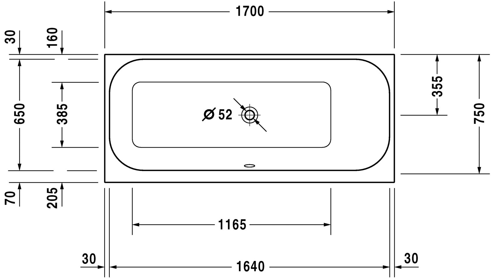 Акриловая ванна Duravit Happy D2 700313000000000 1700 х 750 c наклоном для спины справа, встраиваемая, белая