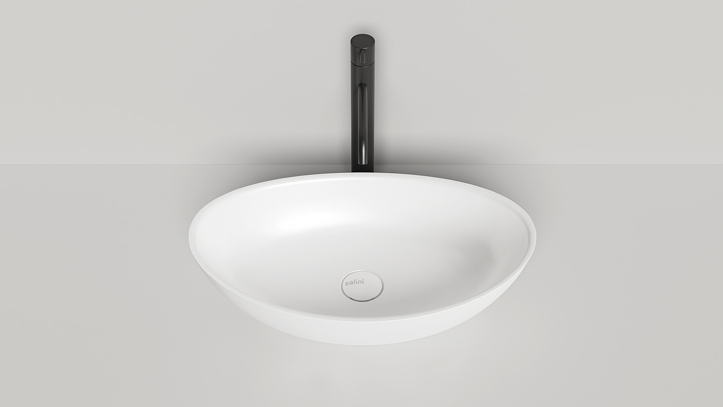 Раковина накладная овальная ассиметричная SALINI NOEMI 1101203SM 340х560х150мм, S-Stone, без донного клапана, цвет Белый матовый