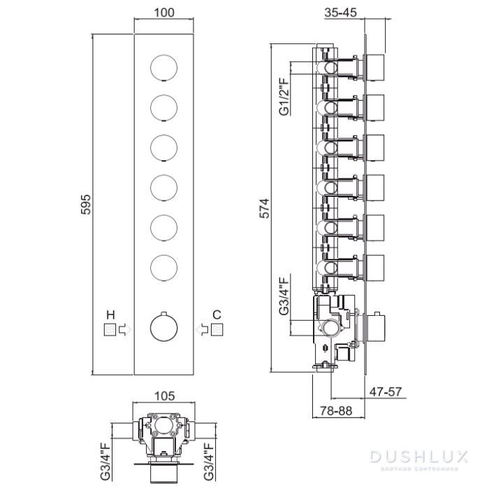 Встраиваемая часть для термостатического смесителя CARIMALI W21069CR с 6 независимыми выходами