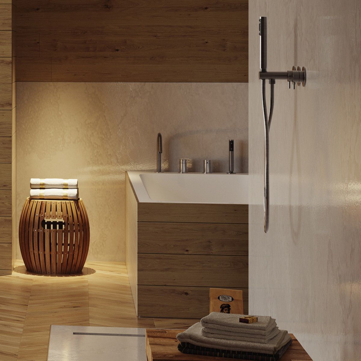 Смеситель на борт ванны на 4 отверстия BOSSINI NOBU INZ228.075 с выдвижным ручным душем, шлангами и противовесом, цвет Матовая нержавеющая сталь