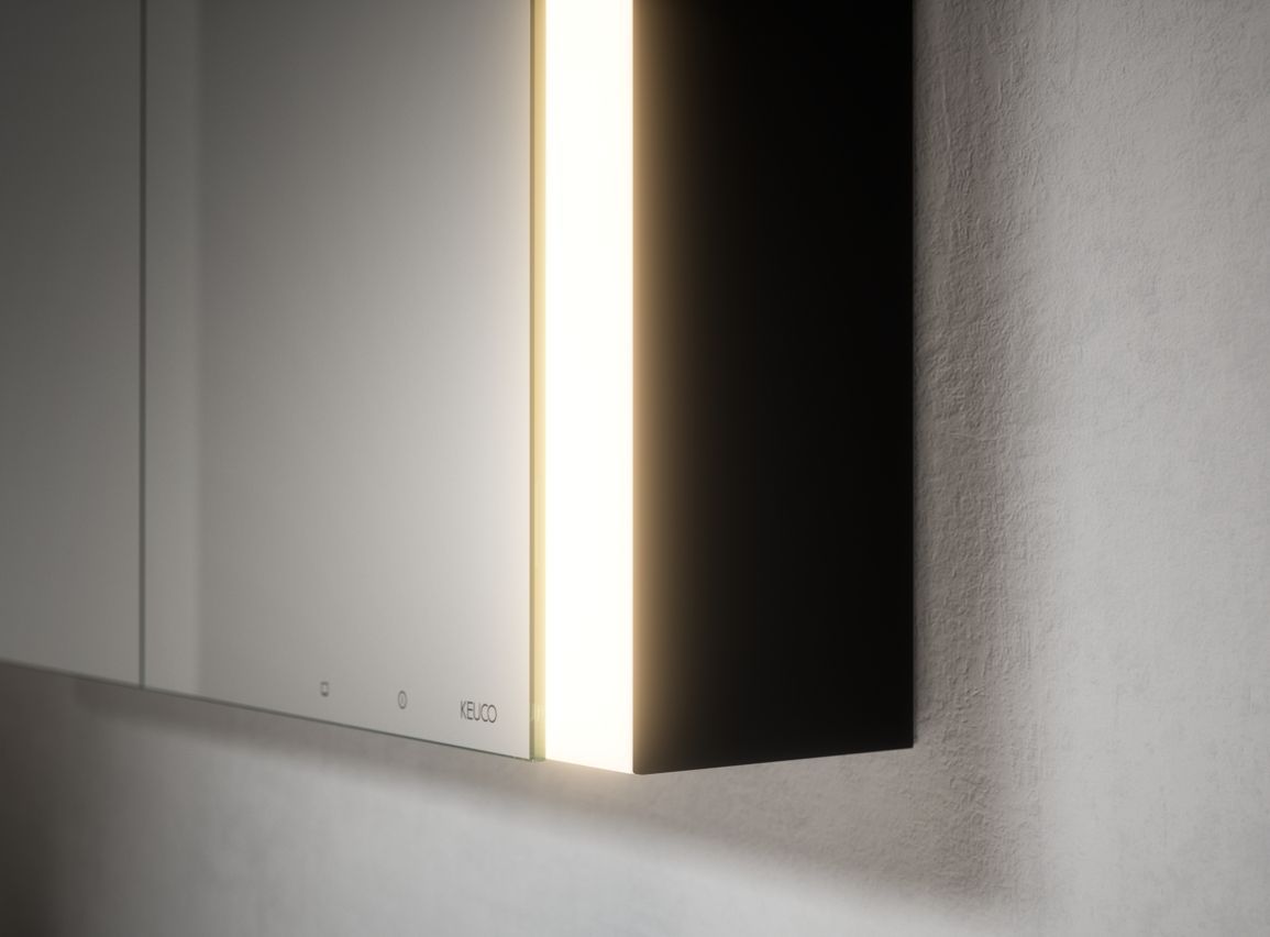 Зеркальный шкаф с подсветкой и подогревом для настенного монтажа KEUCO Somaris 14504 373101  127 мм х 1200 мм х 710 мм, с 3 поворотными дверцами, цвет корпуса Чёрный матовый