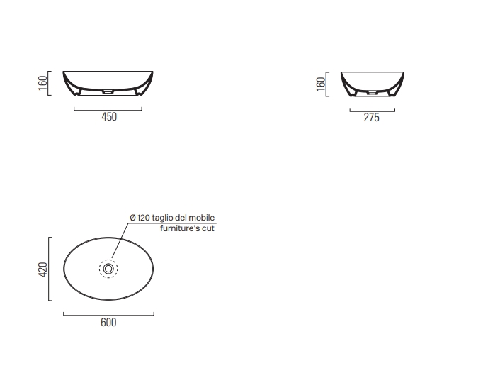 Раковина-чаша GSI PURA 884217 600 мм х 420 мм, без отверстия под смеситель, без перелива, цвет Cenere Matte