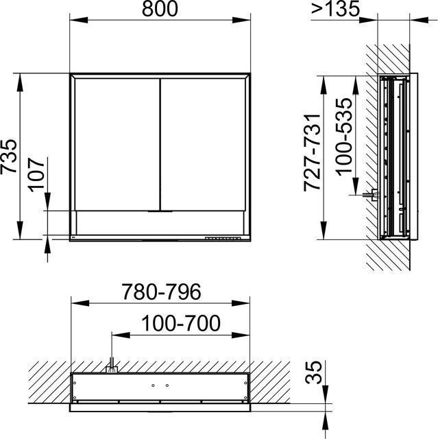 Зеркальный шкаф с подсветкой для встраиваемого монтажа KEUCO Royal Lumos 14312 171303 165х800х735 мм, 2 дверцы, DALI-управляемый, цвет Алюминий серебристый анодированный