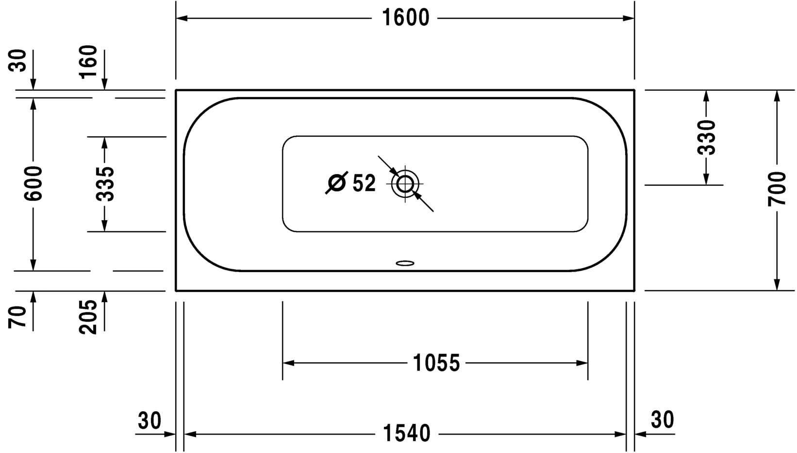 Акриловая ванна Duravit Happy D2 700308000000000 1600 х 700 c наклоном для спины слева, встраиваемая, белая