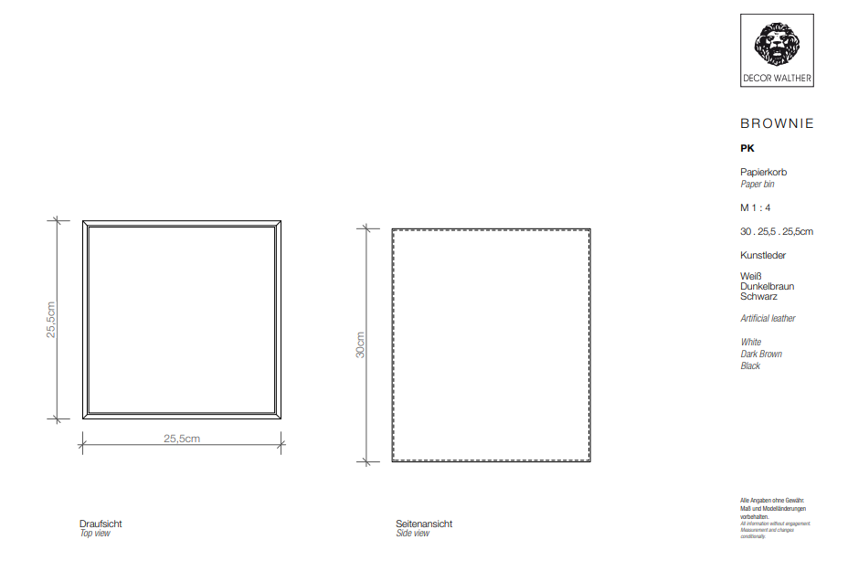 Корзина для мусора/бумаг, напольная  DECOR WALTHER  BROWNIE PK   0925060   28 x 24 x 24 см, без крышки, имитация кожи, цвет: черный матовый