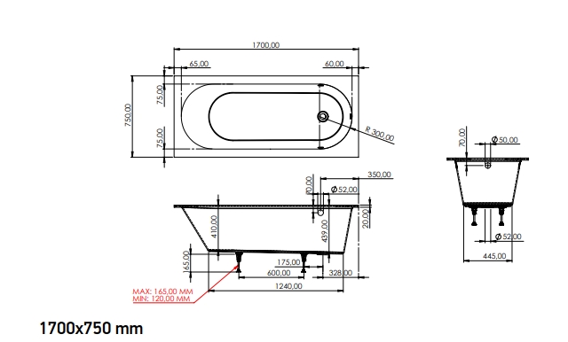 Ванна встраиваемая ARTCERAM SIMPLE ACW010 01  1700 х 750 мм, с регулируемыми ножками, цвет Белый глянцевый (Снимается с производства 2024)