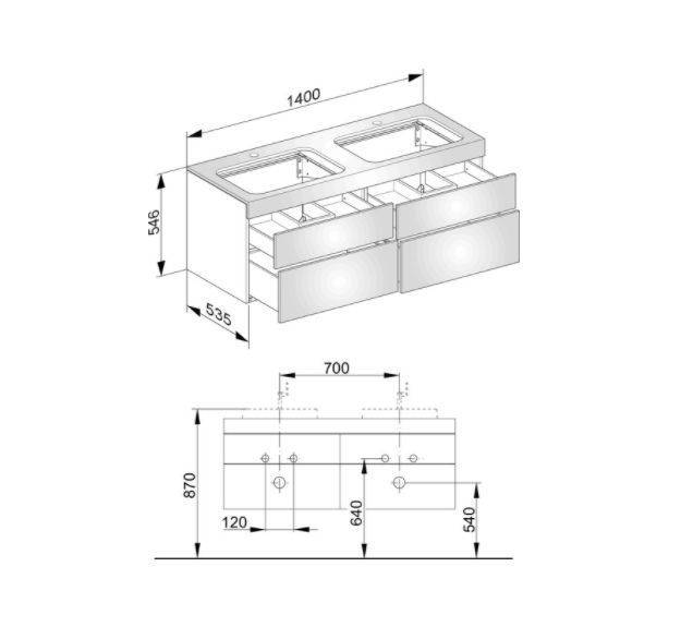 Тумба подвесная под две раковины KEUCO EDITION 11 31575 380100 с отверстием под смесители, с четырьмя выдвижными ящиками, корпус/фасад структурный лак, белая